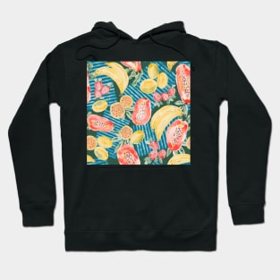 Tropical fruits: banana, passion fruit, papaya and strawberries Hoodie